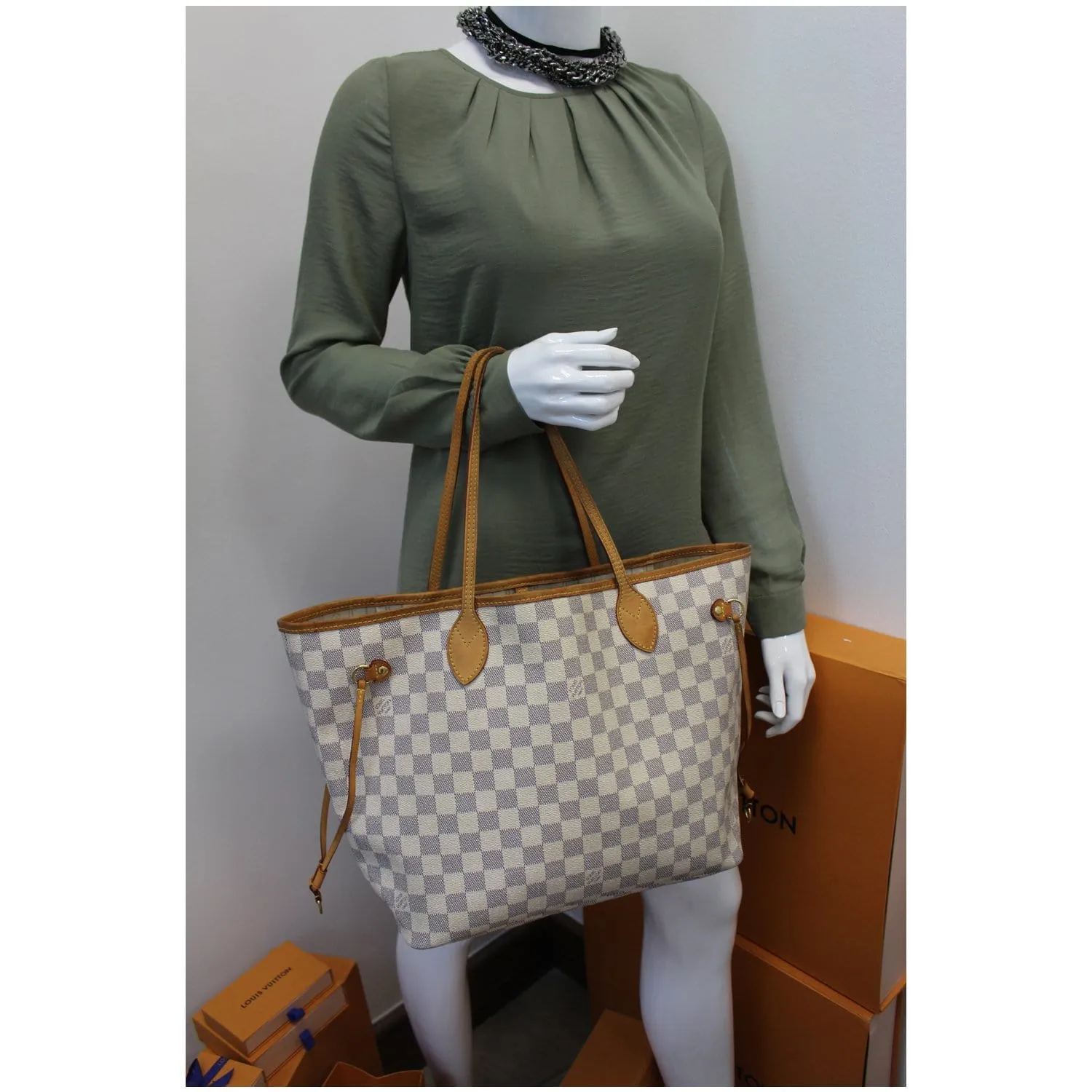 LOUIS VUITTON Neverfull MM Damier Azur Tote Shoulder Bag White