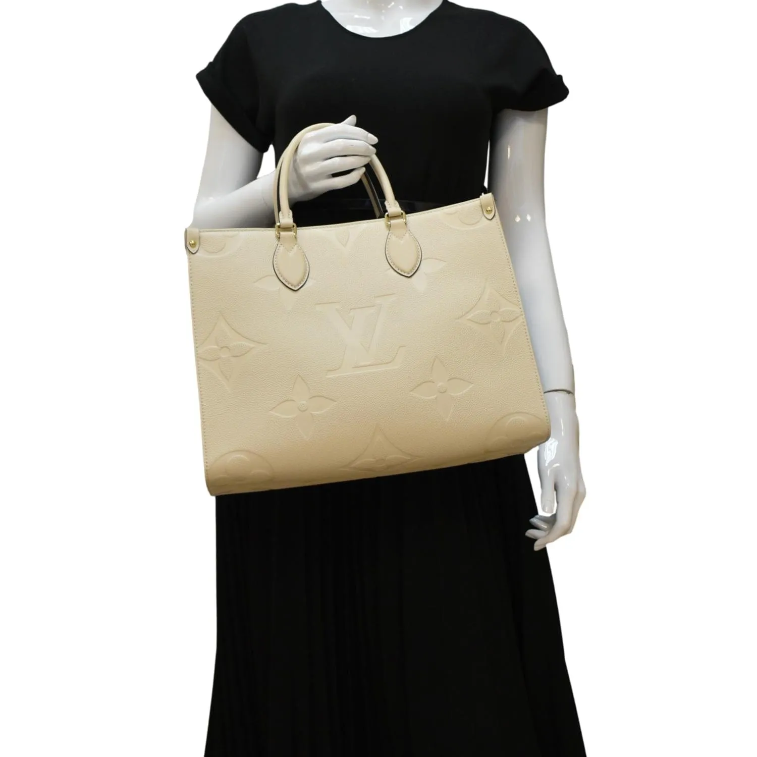 LOUIS VUITTON Onthego MM Monogram Empreinte Leather Tote Bag Cream