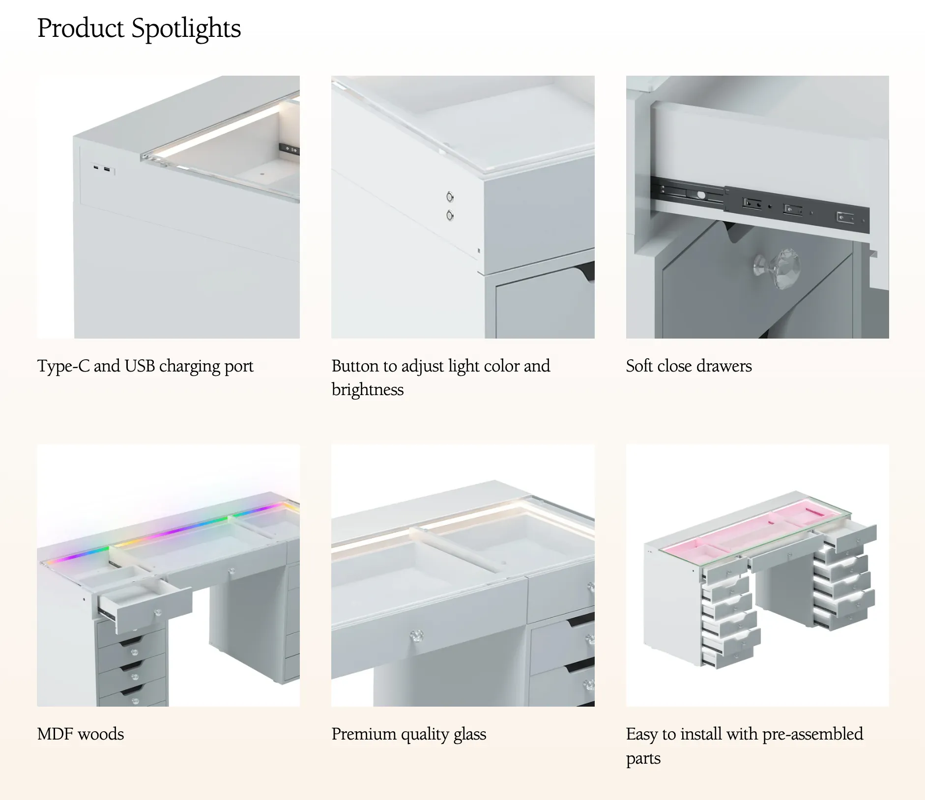 LUXE Vanity Desk Pro 13 Storage Drawers with LED Light & RGB, White Pink or Black