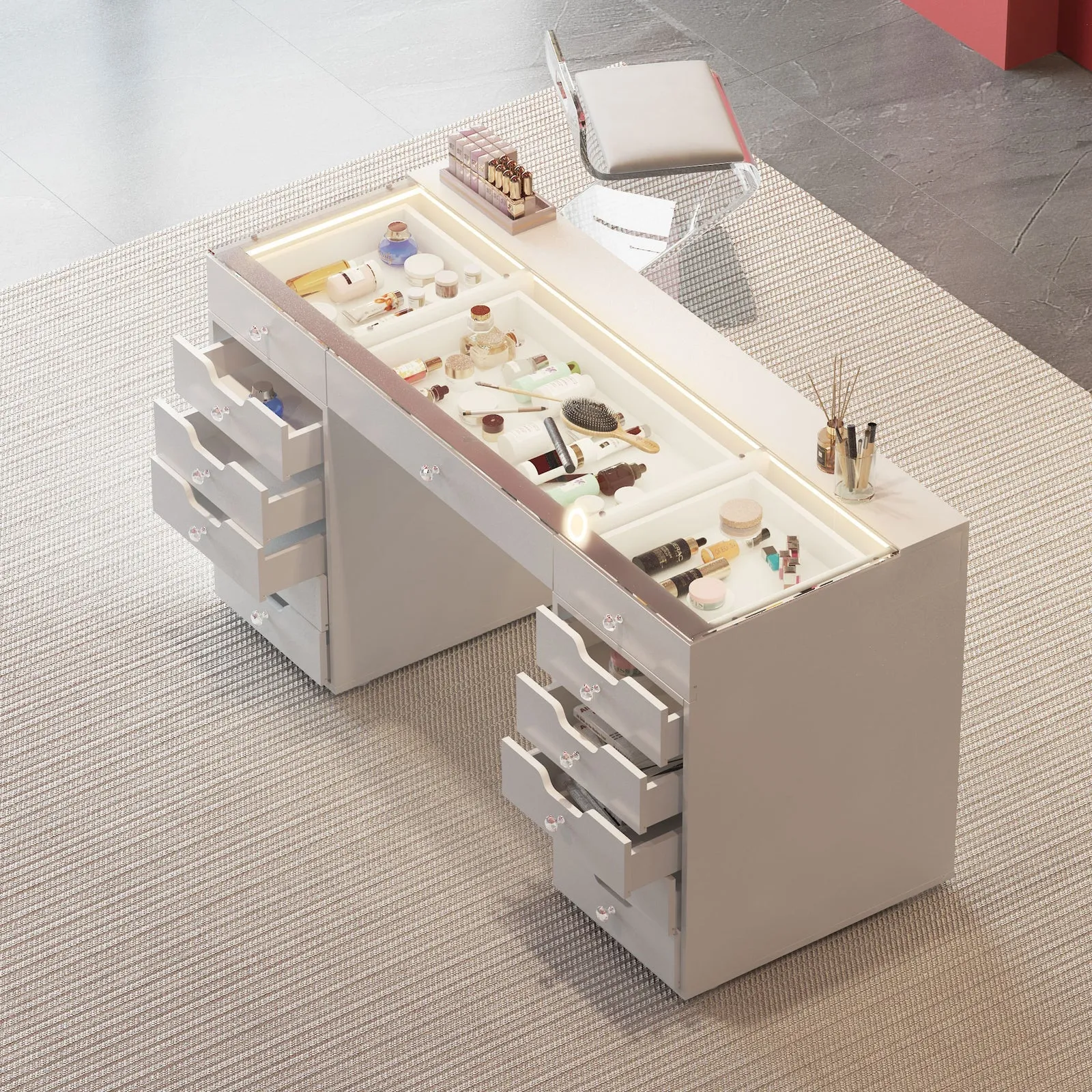 LUXE Vanity Desk Pro 13 Storage Drawers with LED Light & RGB, White Pink or Black