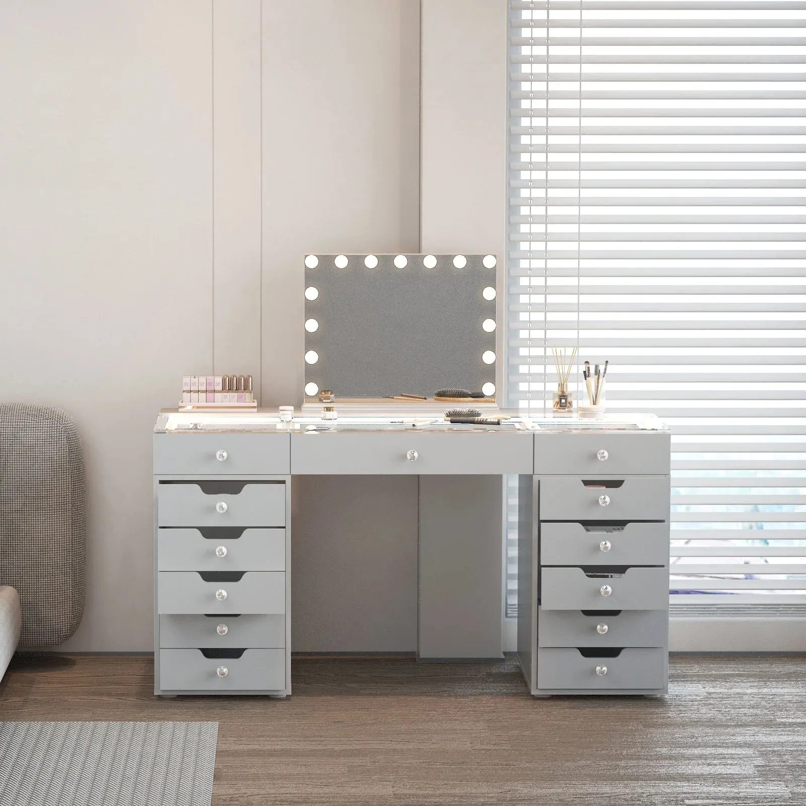 LUXE Vanity Desk Pro 13 Storage Drawers with LED Light & RGB, White Pink or Black
