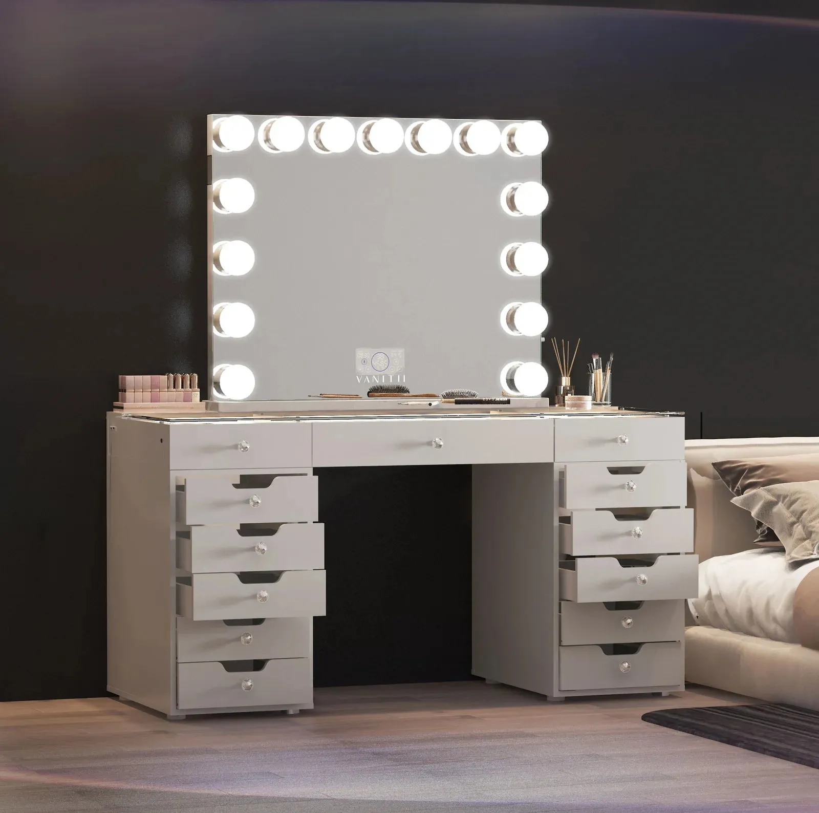 LUXE Vanity Desk Pro 13 Storage Drawers with LED Light & RGB, White Pink or Black