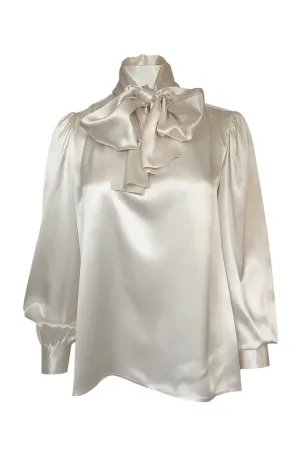 Luxurious 1970s Yves Saint Laurent Ivory Cream Silk Satin Tie Top Blouse