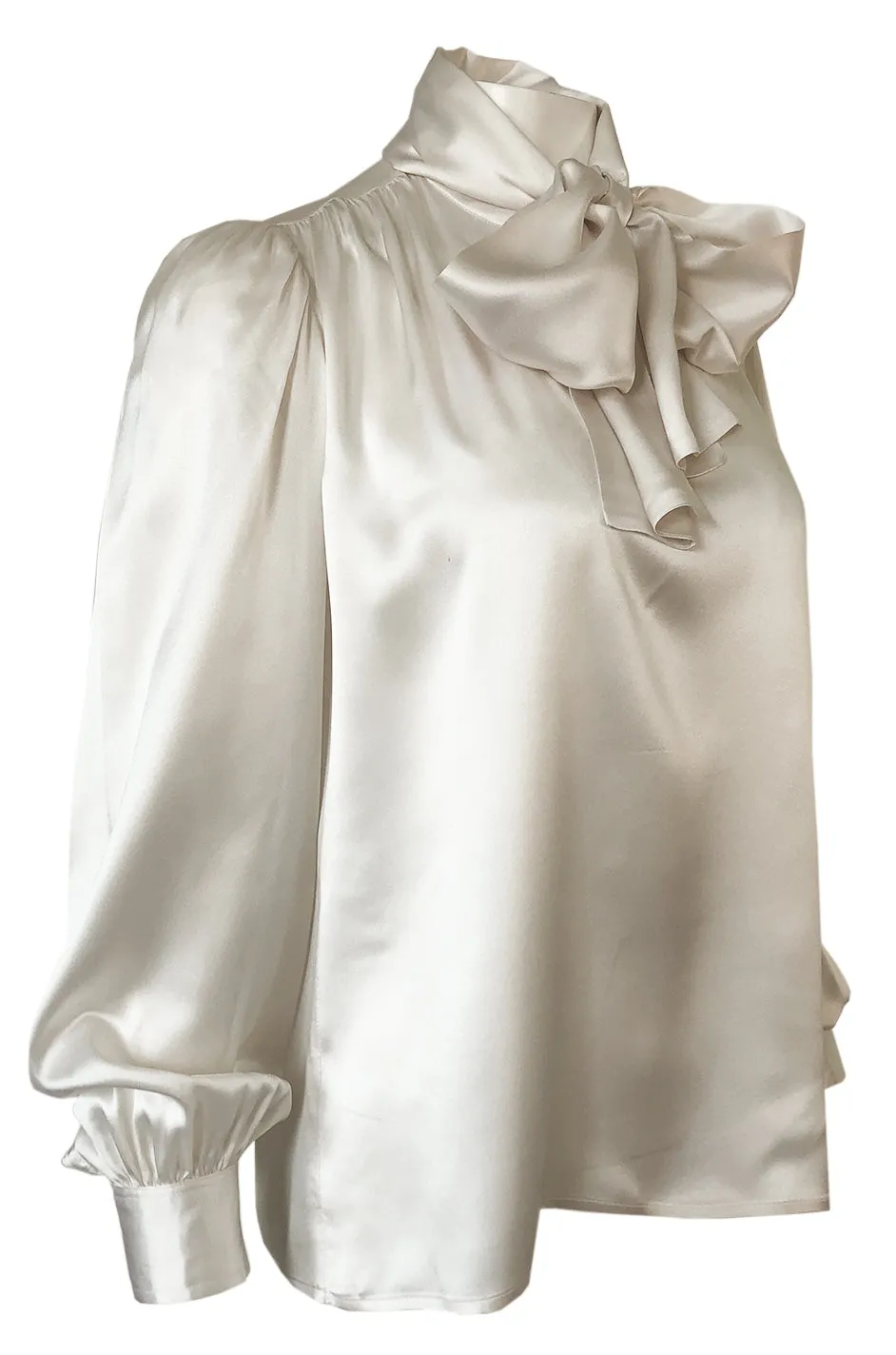 Luxurious 1970s Yves Saint Laurent Ivory Cream Silk Satin Tie Top Blouse