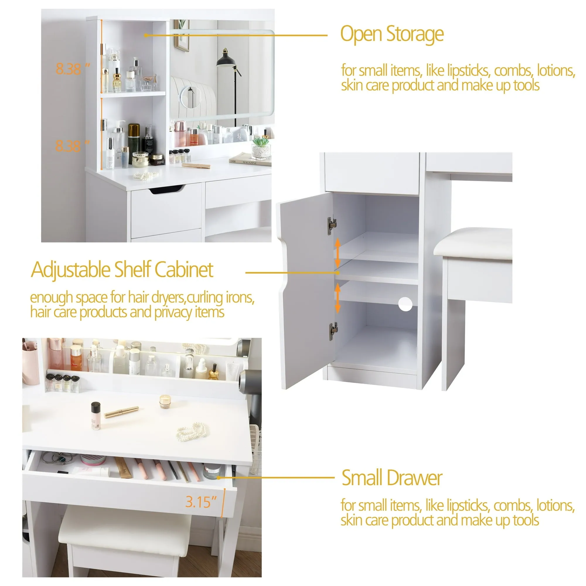 Mainstays Kensington 2-Piece Vanity and Stool with Lighted Mirror and USB Power, White - open_box