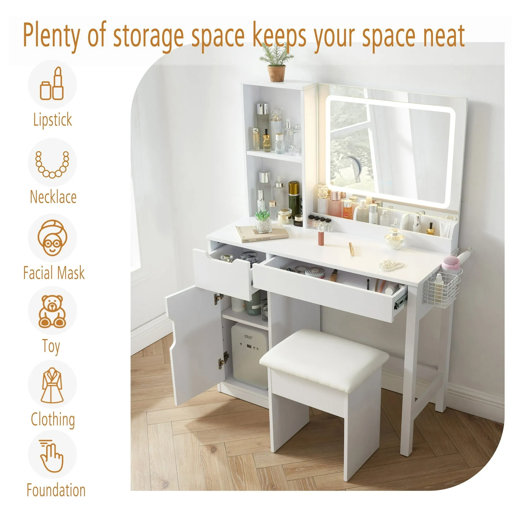 Mainstays Kensington 2-Piece Vanity and Stool with Lighted Mirror and USB Power, White - open_box