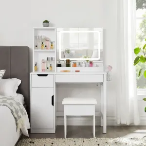 Mainstays Kensington 2-Piece Vanity and Stool with Lighted Mirror and USB Power, White - open_box