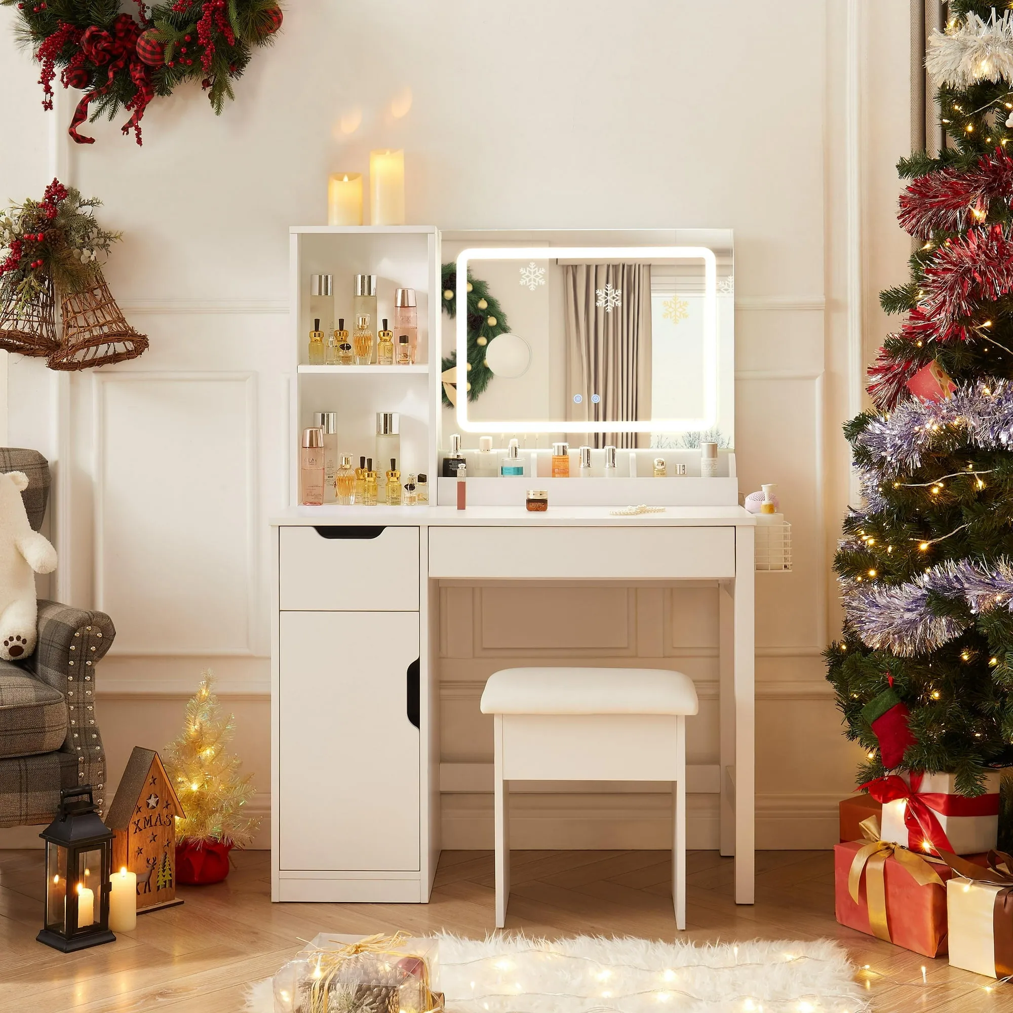Mainstays Kensington 2-Piece Vanity and Stool with Lighted Mirror and USB Power, White - open_box