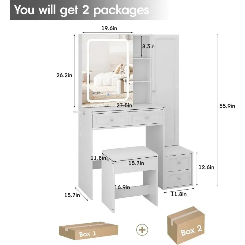 Makeup Vanity Desk with LED Lighted Sliding Mirror, Vanity Table with Jewelry Cabinet, and Charging Station