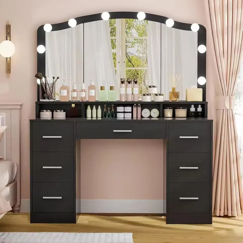 Makeup Vanity Table with Lights, 2 Cabinets, Long Shelf, and 3 Drawers