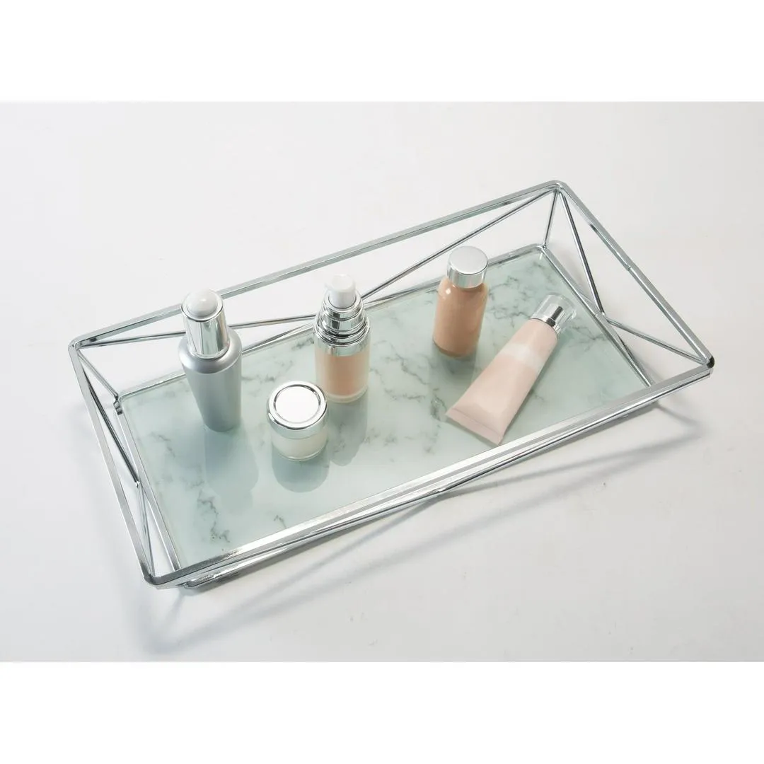 Marble Tempered Glass Rectangular Vanity Tray in Chrome