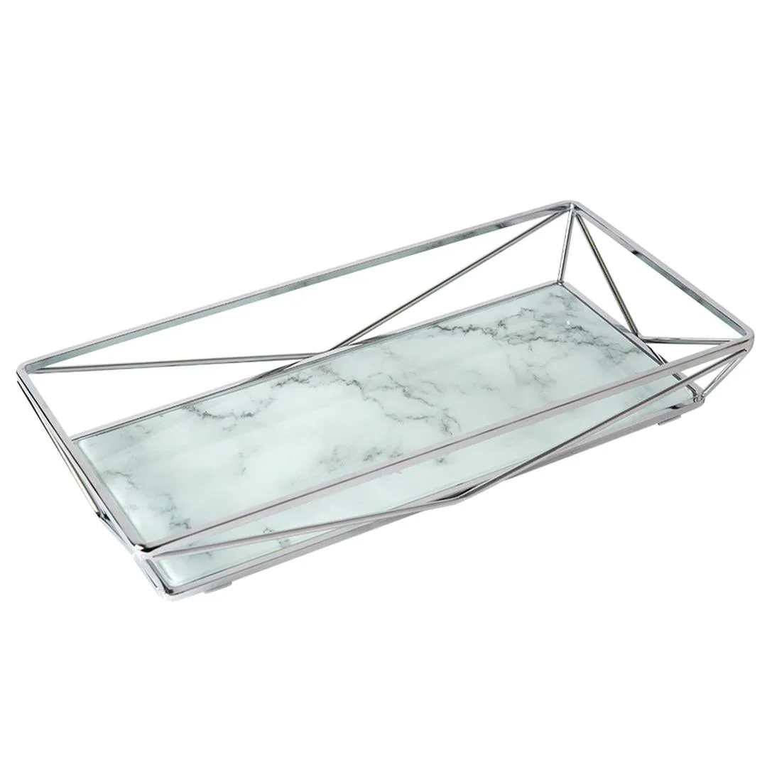 Marble Tempered Glass Rectangular Vanity Tray in Chrome
