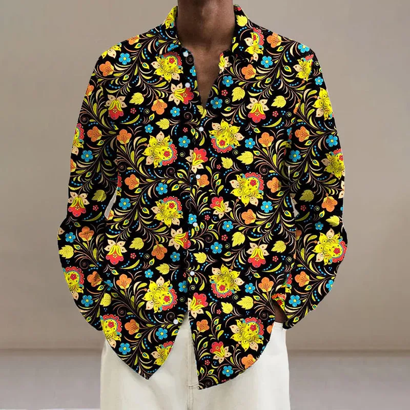 Men's Vintage Floral Art Print Long Sleeve Shirt