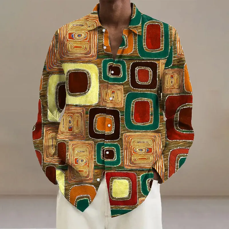 Men's Vintage Geometric Print Long Sleeve Shirt