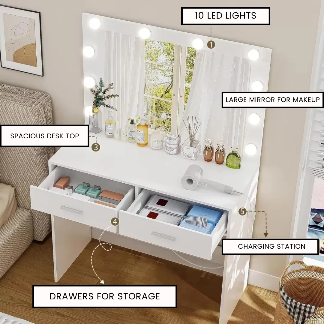 Mirrored Vanity Table with 12 LED Lights and Charging Station