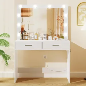 Mirrored Vanity Table with 12 LED Lights and Charging Station
