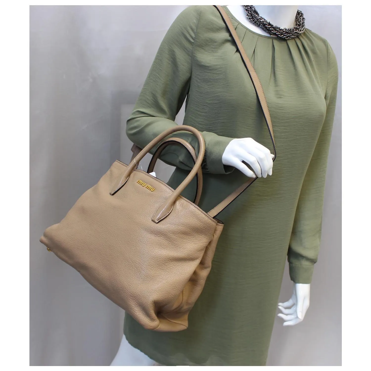 MIU MIU Madras 2 Way Leather Shoulder Bag Beige - 25% OFF