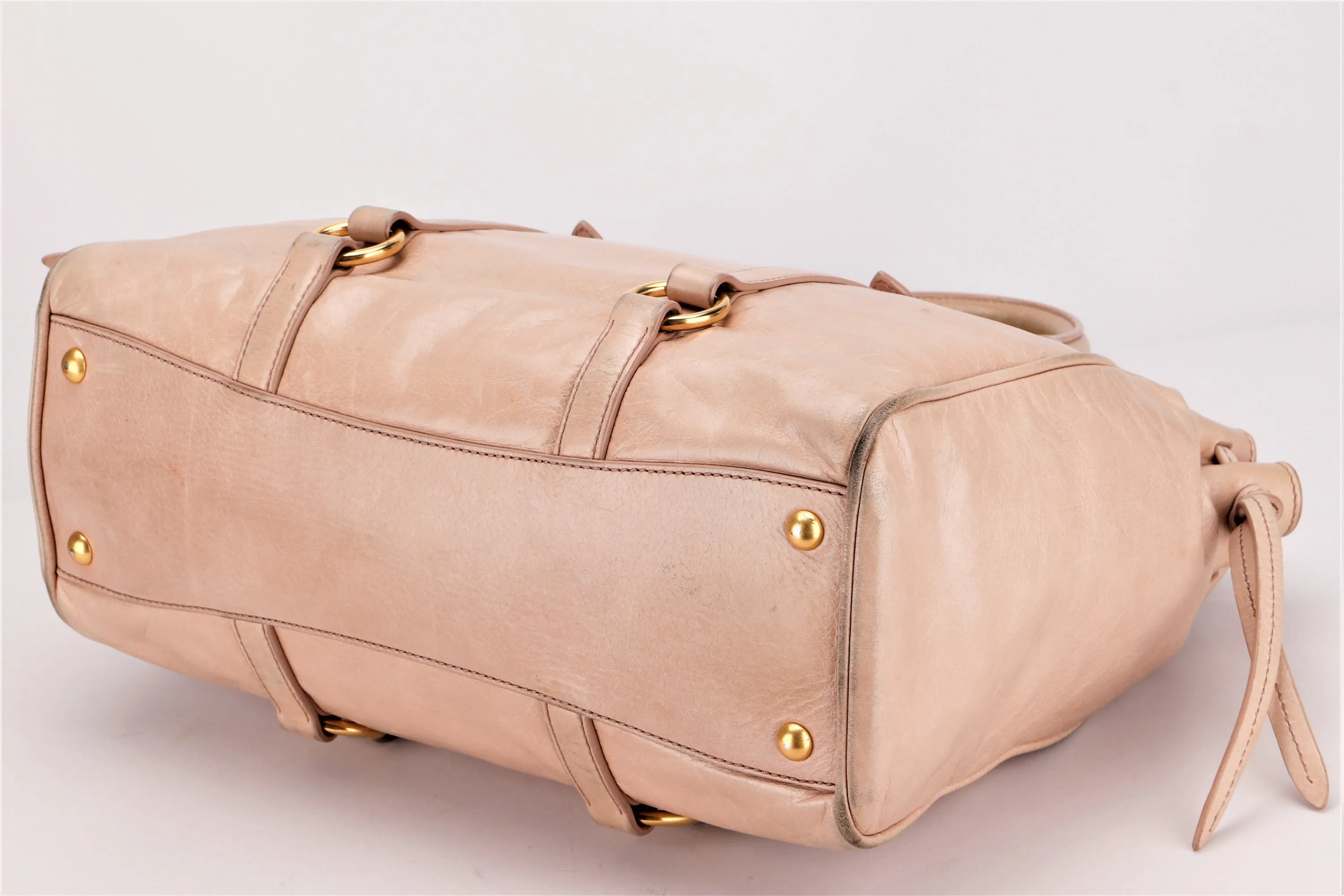 MIU MIU NUDE COLOR VITELLO LUX BOWLER BAG, GOLD HARDWARE WITH STRAP & DUST COVER, NO CARD & BOX
