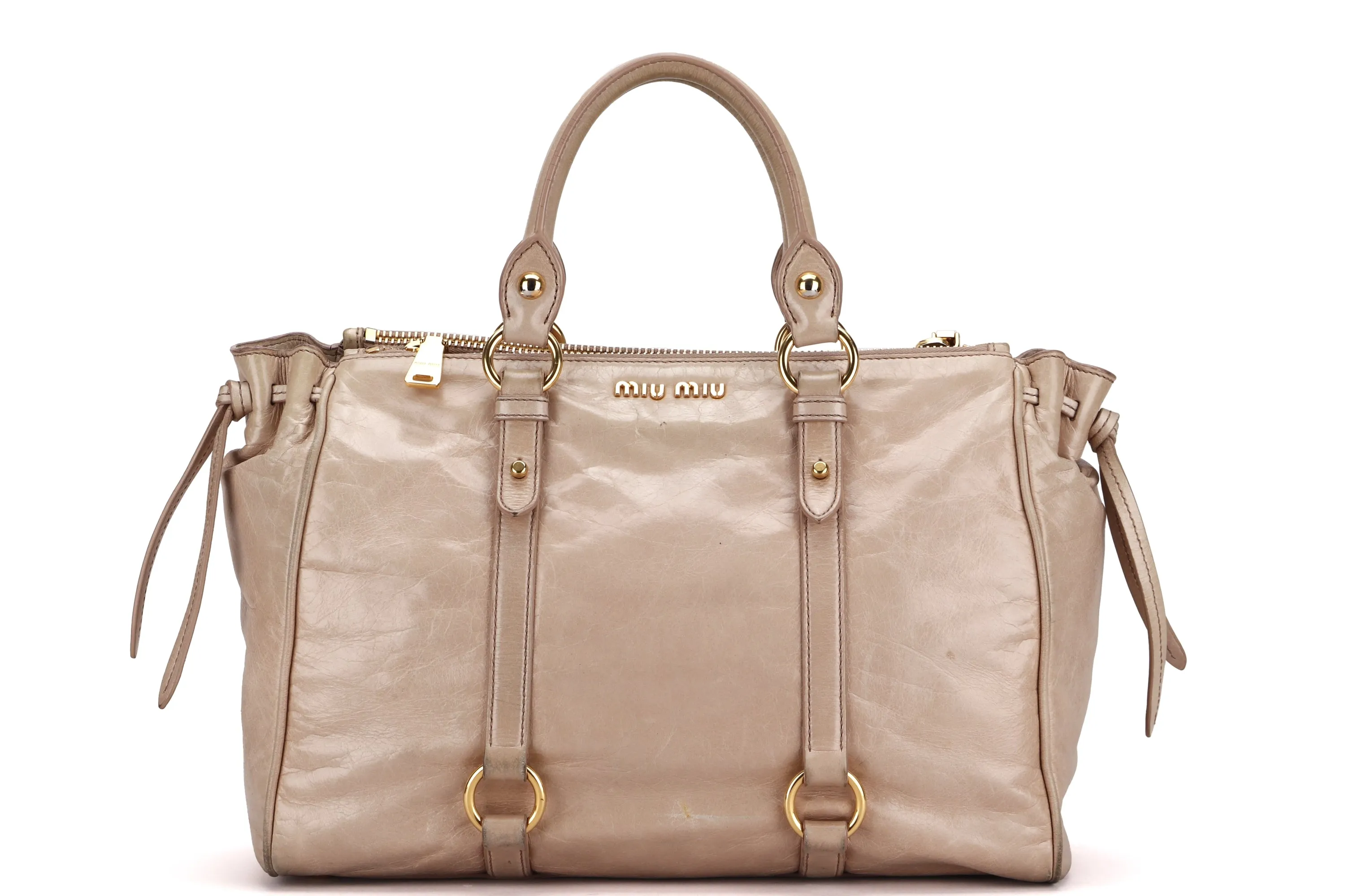MIU MIU NUDE COLOR VITELLO LUX BOWLER BAG, GOLD HARDWARE WITH STRAP & DUST COVER, NO CARD & BOX