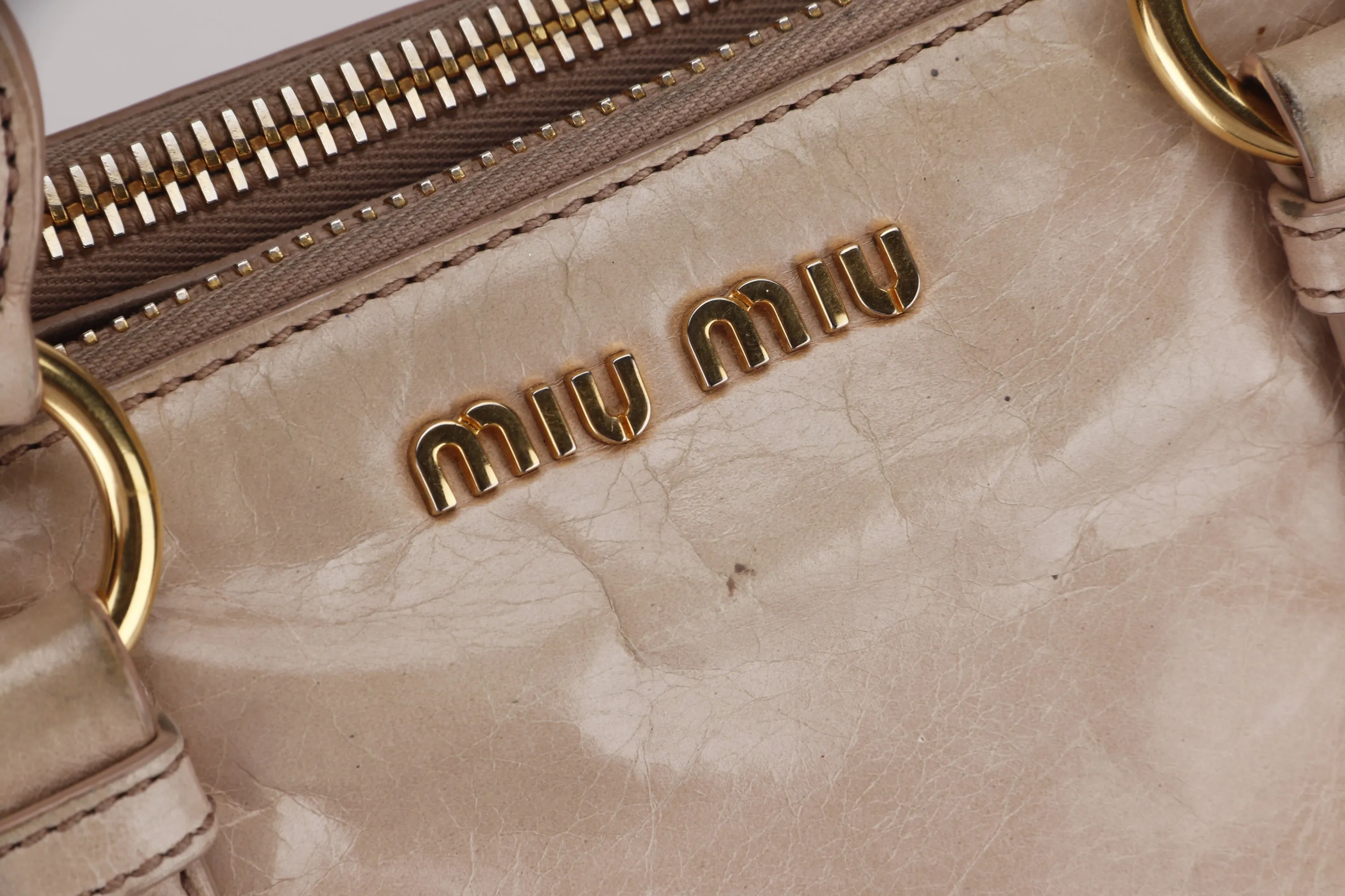 MIU MIU NUDE COLOR VITELLO LUX BOWLER BAG, GOLD HARDWARE WITH STRAP & DUST COVER, NO CARD & BOX
