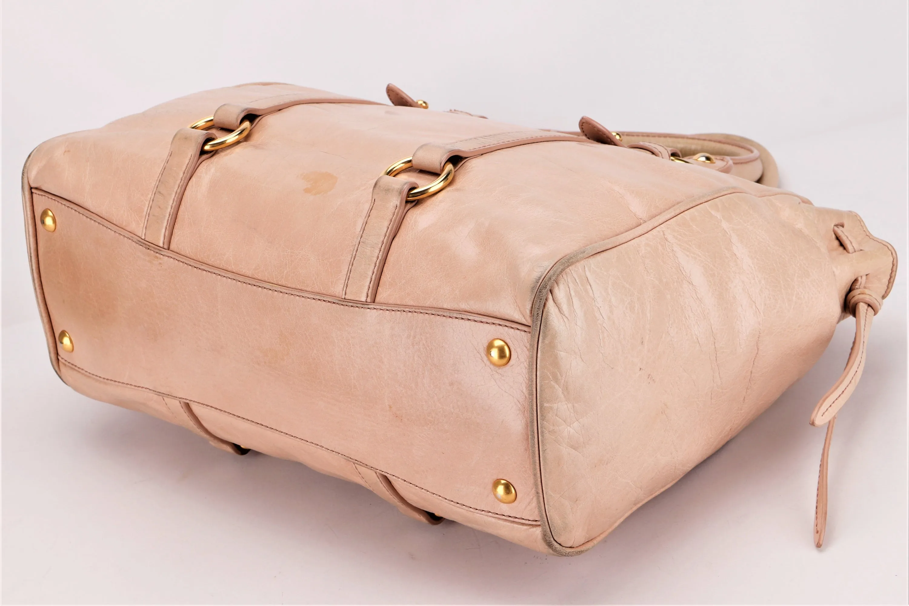 MIU MIU NUDE COLOR VITELLO LUX BOWLER BAG, GOLD HARDWARE WITH STRAP & DUST COVER, NO CARD & BOX