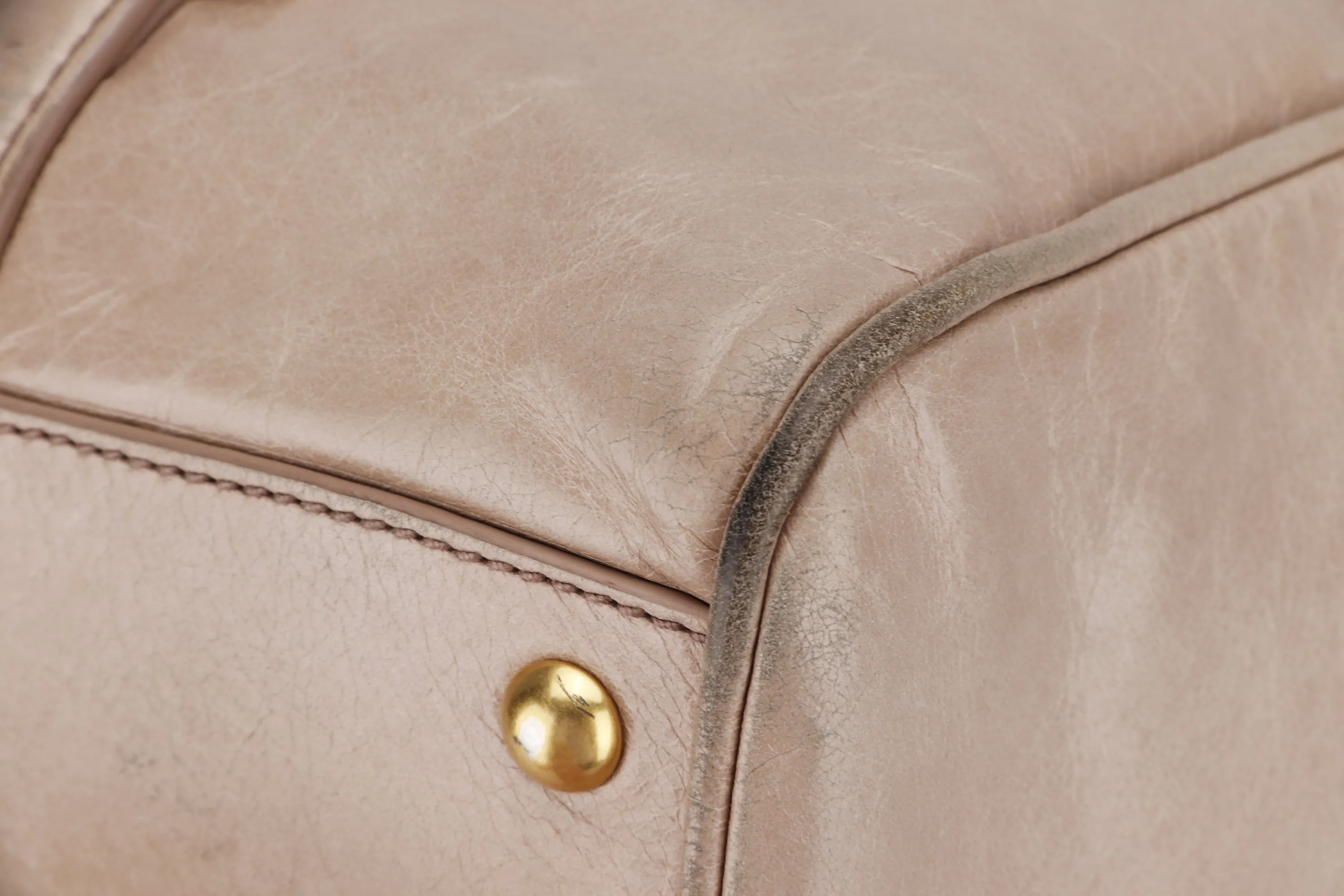 MIU MIU NUDE COLOR VITELLO LUX BOWLER BAG, GOLD HARDWARE WITH STRAP & DUST COVER, NO CARD & BOX