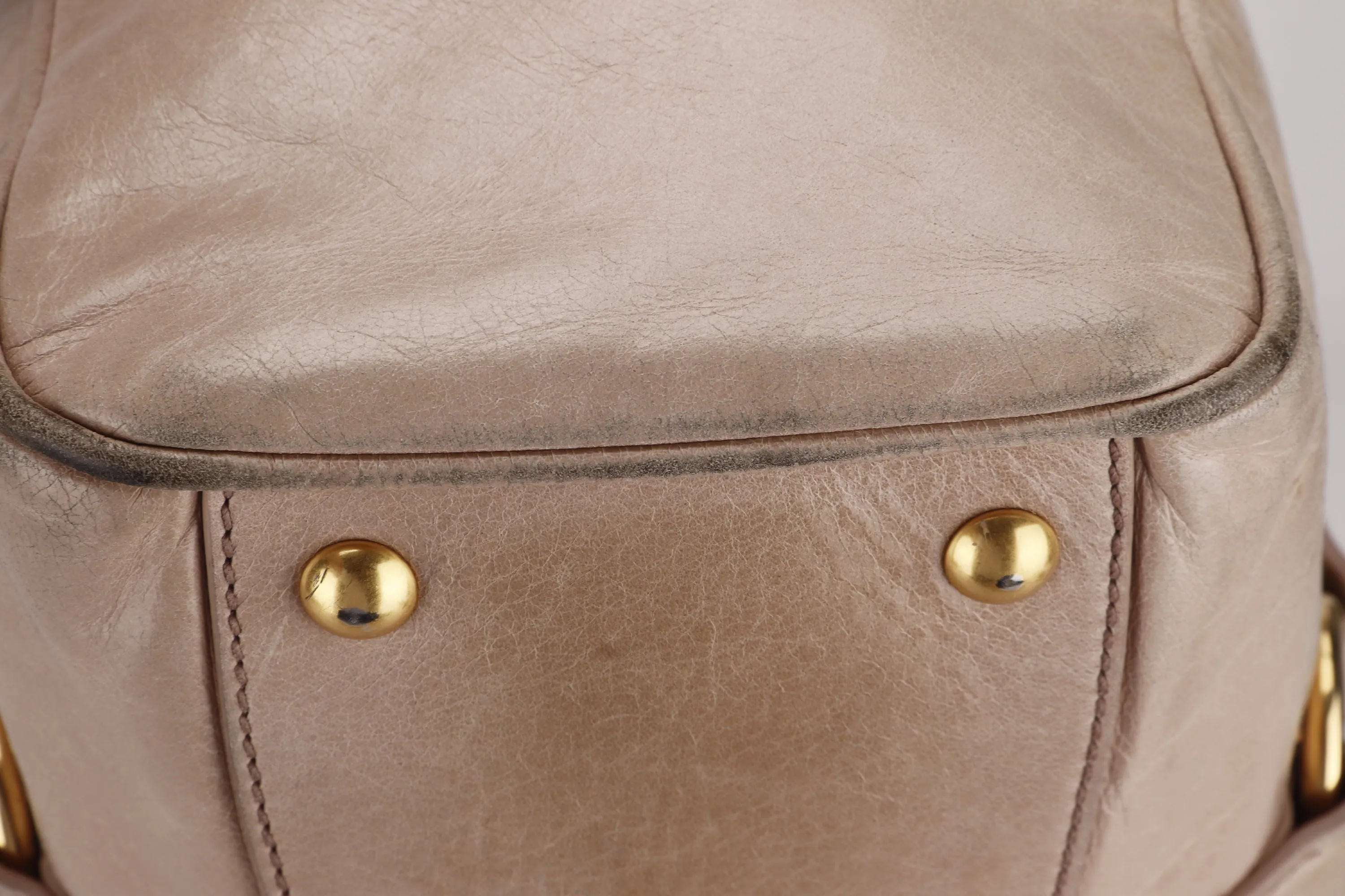 MIU MIU NUDE COLOR VITELLO LUX BOWLER BAG, GOLD HARDWARE WITH STRAP & DUST COVER, NO CARD & BOX