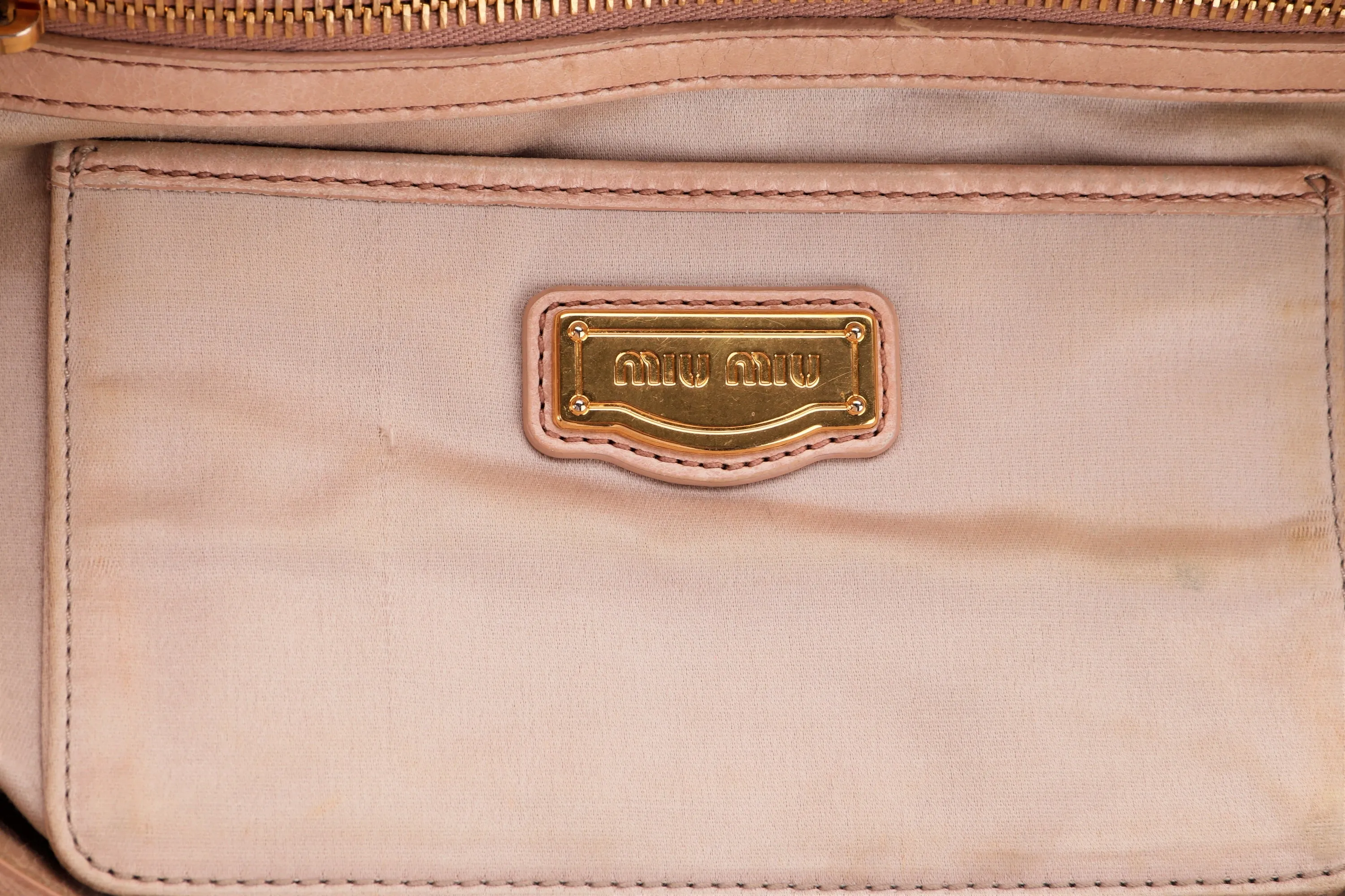 MIU MIU NUDE COLOR VITELLO LUX BOWLER BAG, GOLD HARDWARE WITH STRAP & DUST COVER, NO CARD & BOX