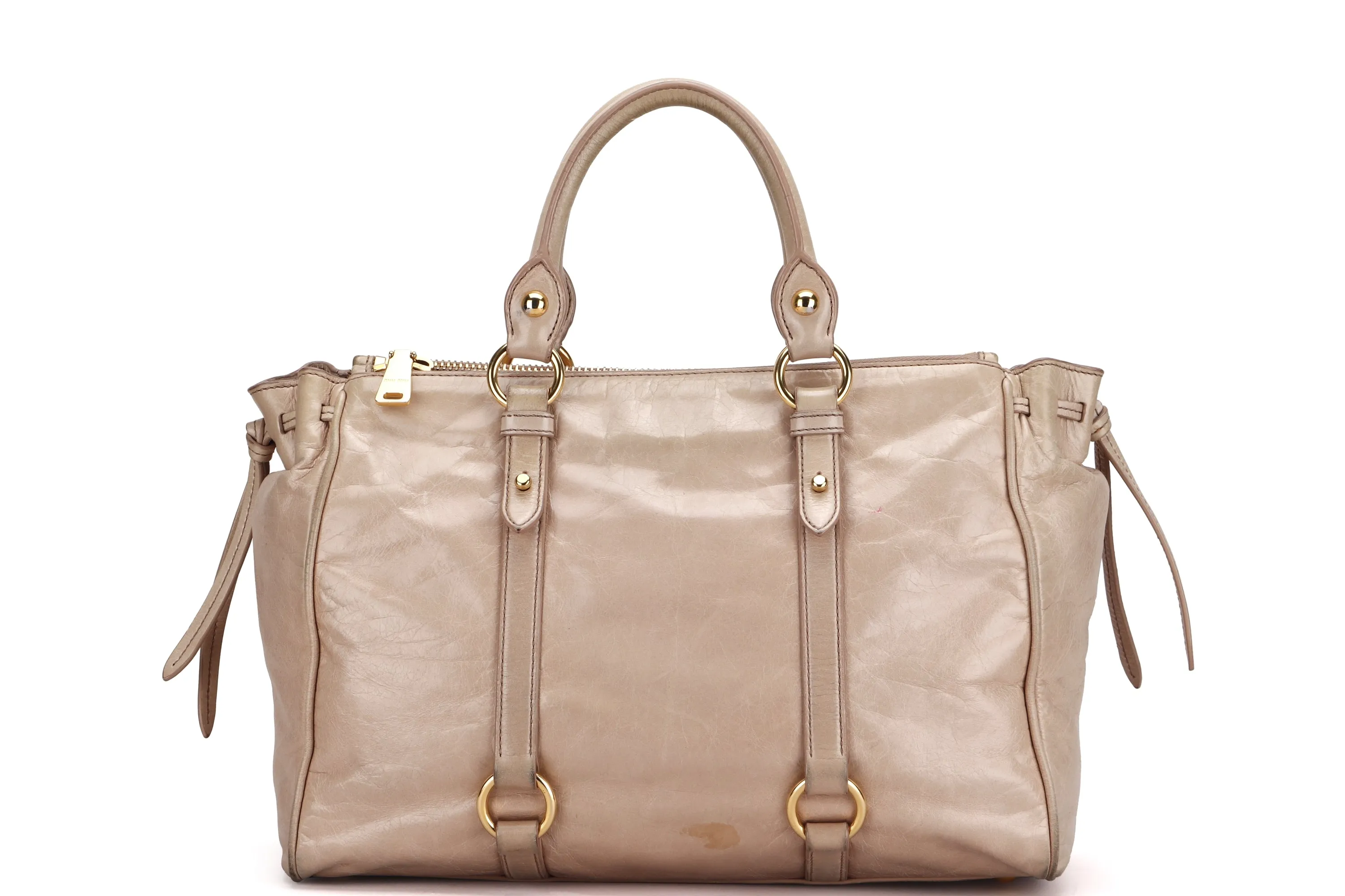 MIU MIU NUDE COLOR VITELLO LUX BOWLER BAG, GOLD HARDWARE WITH STRAP & DUST COVER, NO CARD & BOX