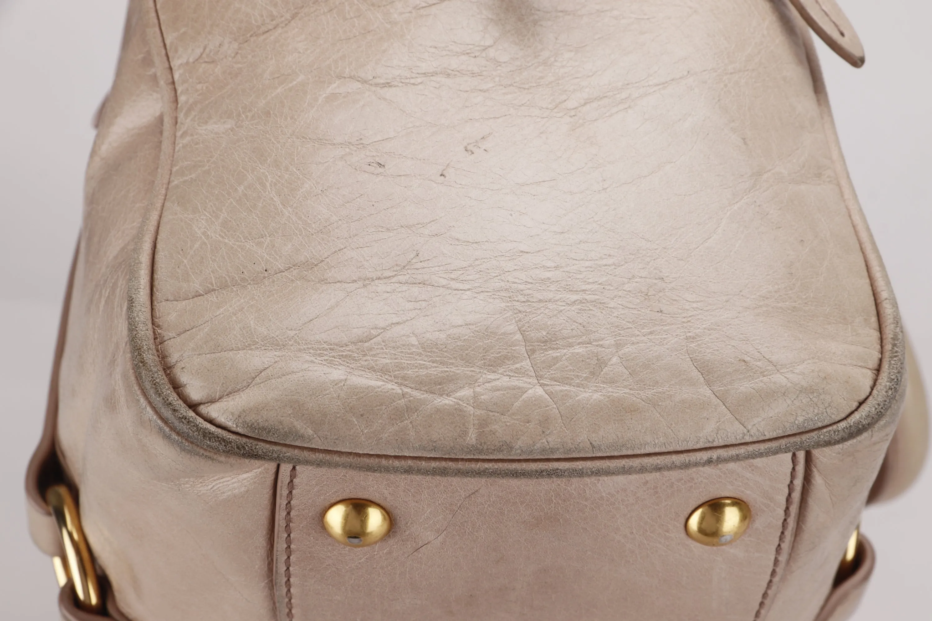 MIU MIU NUDE COLOR VITELLO LUX BOWLER BAG, GOLD HARDWARE WITH STRAP & DUST COVER, NO CARD & BOX