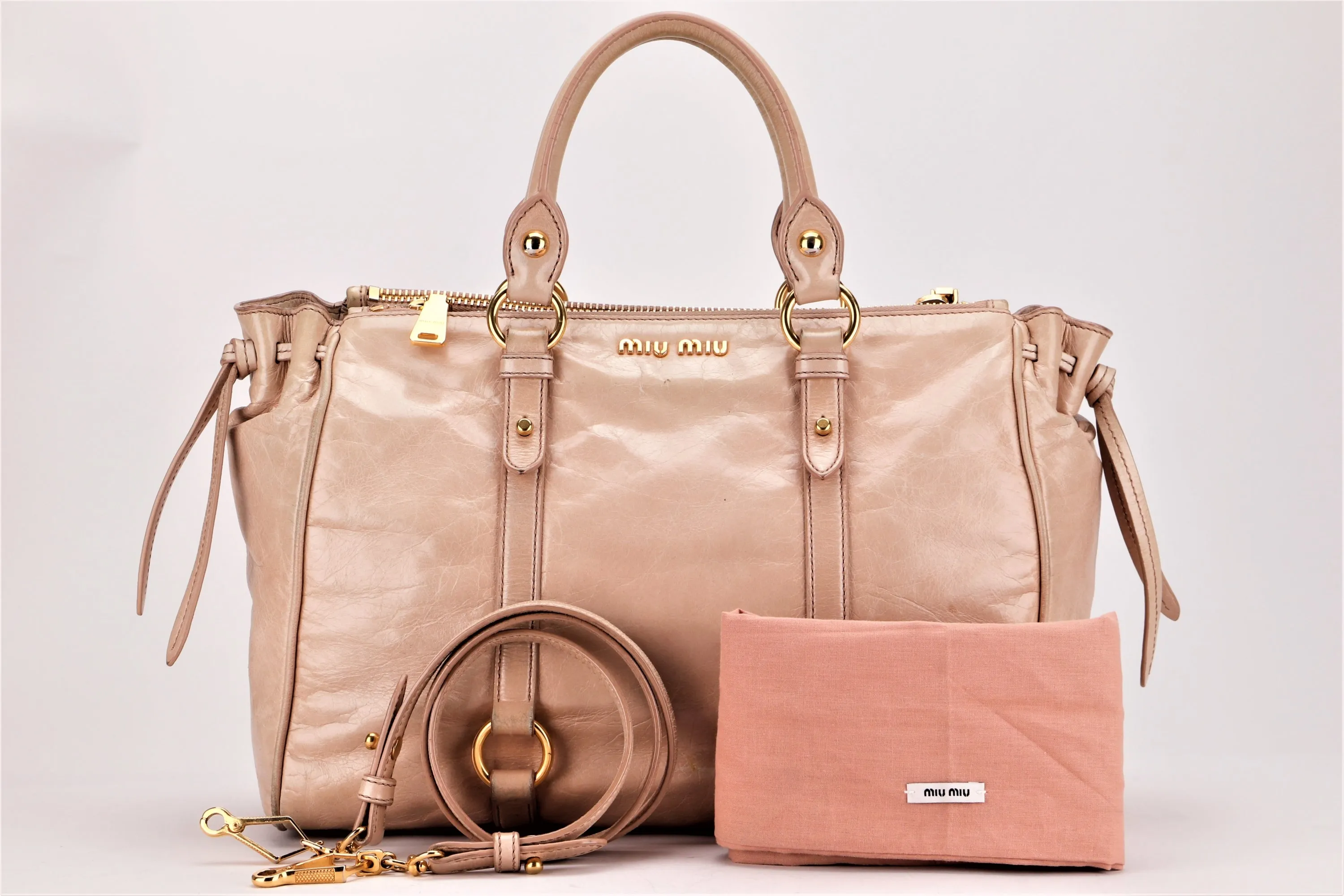 MIU MIU NUDE COLOR VITELLO LUX BOWLER BAG, GOLD HARDWARE WITH STRAP & DUST COVER, NO CARD & BOX