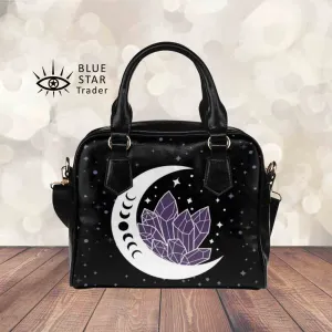 Moon and Amethyst Crystals Witchy Purse, Witch  Bowler Bag