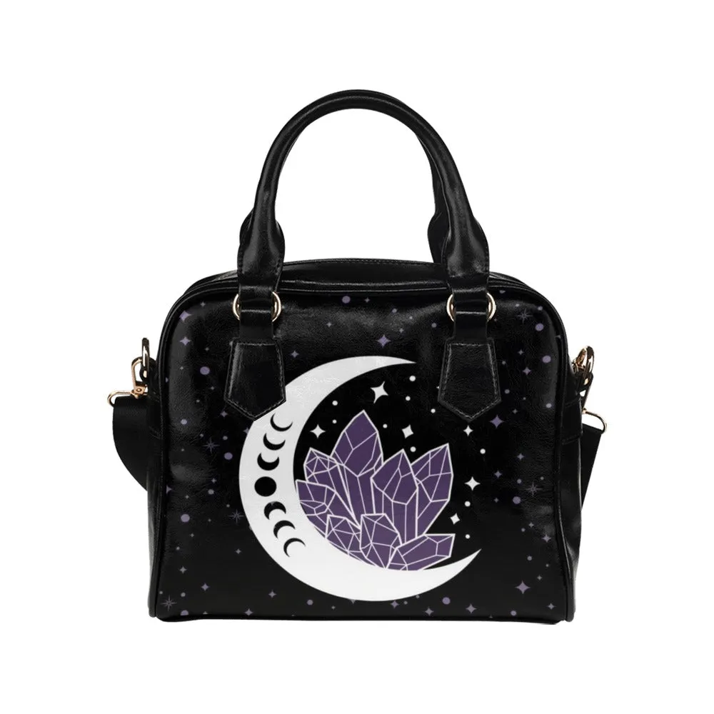 Moon and Amethyst Crystals Witchy Purse, Witch  Bowler Bag