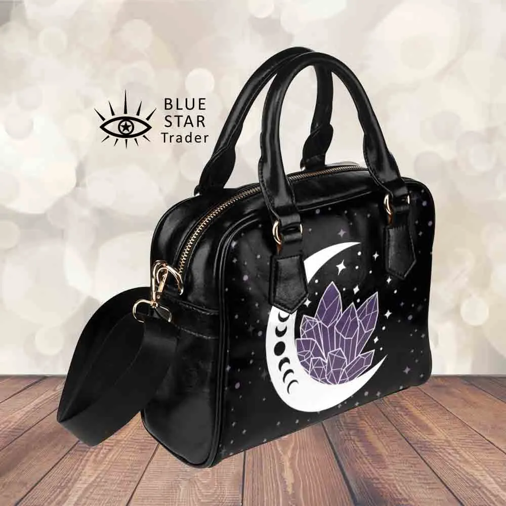 Moon and Amethyst Crystals Witchy Purse, Witch  Bowler Bag