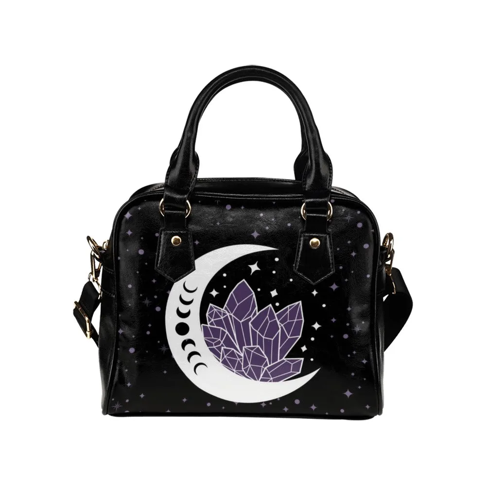 Moon and Amethyst Crystals Witchy Purse, Witch  Bowler Bag