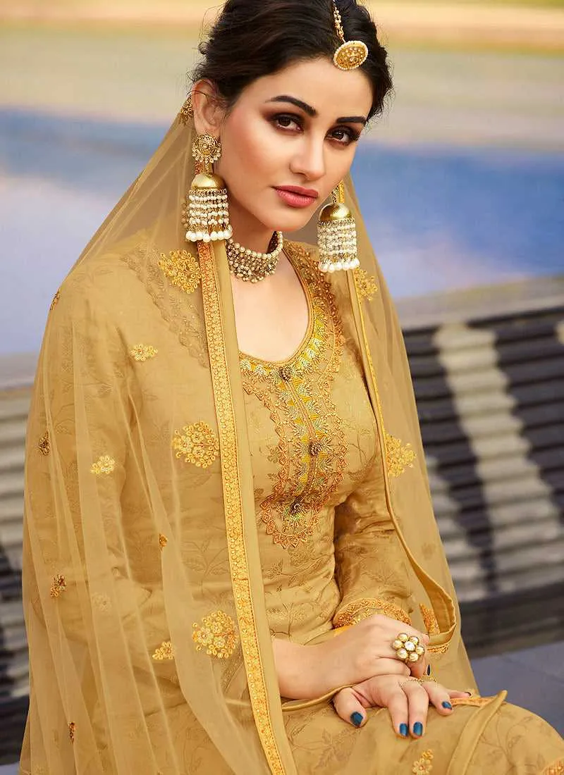 Mustard Heavy Embroidered Designer Palazzo Style Suit