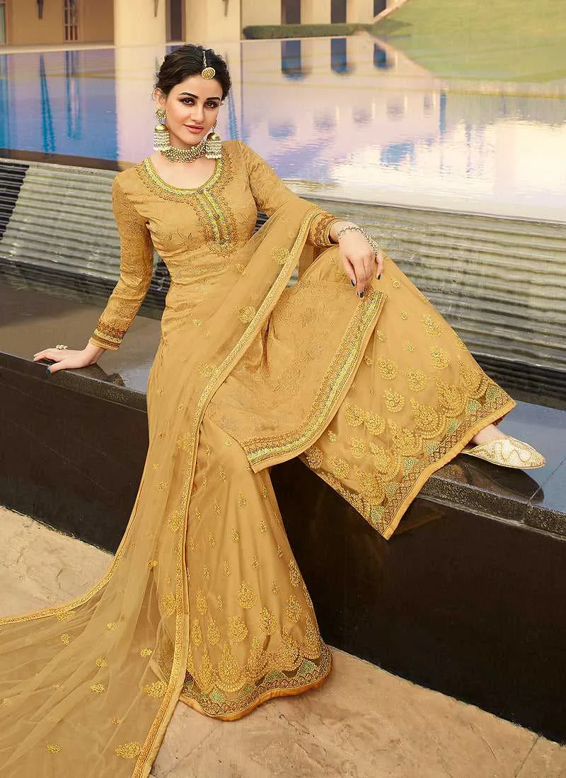 Mustard Heavy Embroidered Designer Palazzo Style Suit