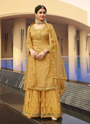 Mustard Heavy Embroidered Designer Palazzo Style Suit