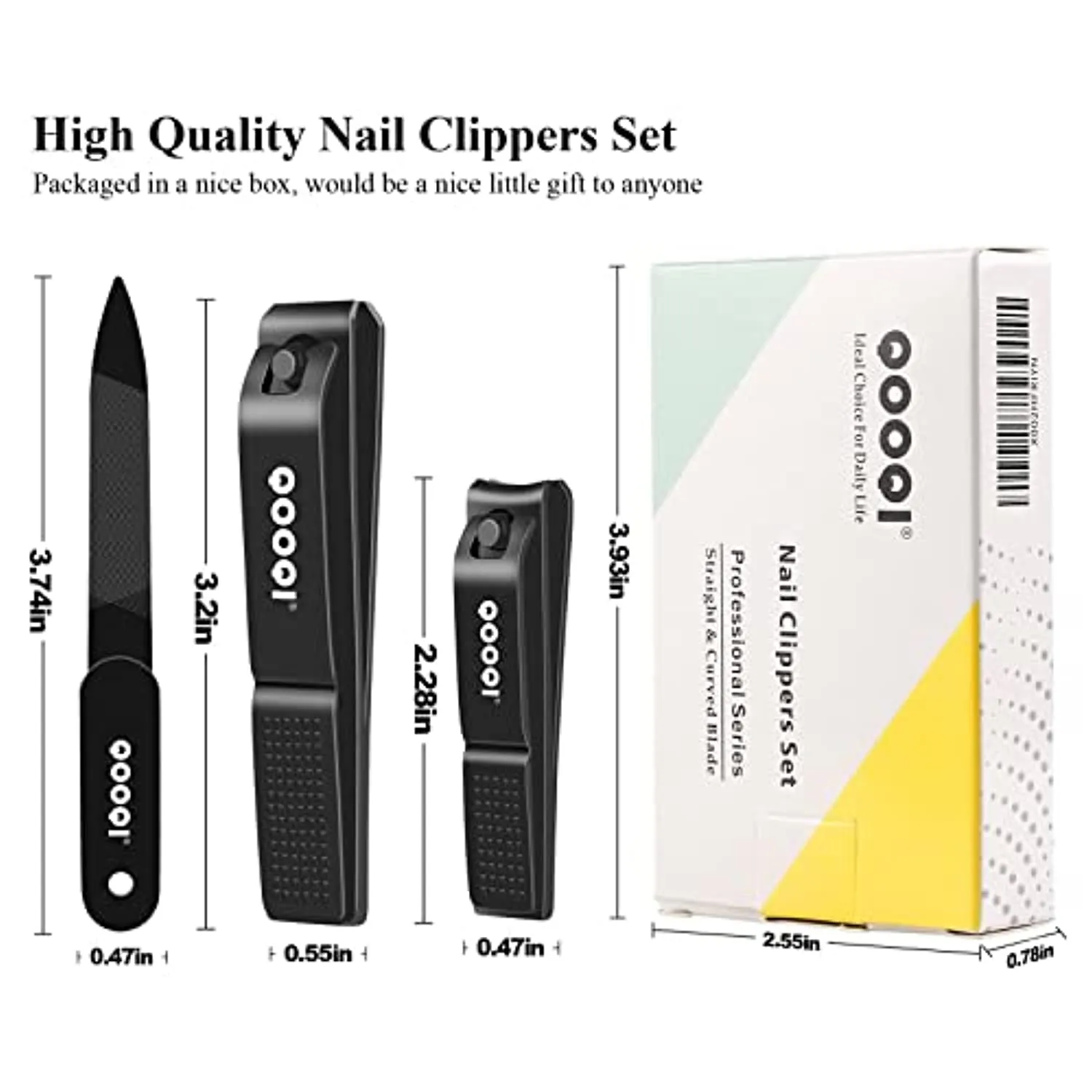 Nail Clippers Set - Ultra Sharp Black Stainless Steel Fingernail & Toenail Cutters with Nail File & Nice Carrying and Storage Leather Case by QOOQI