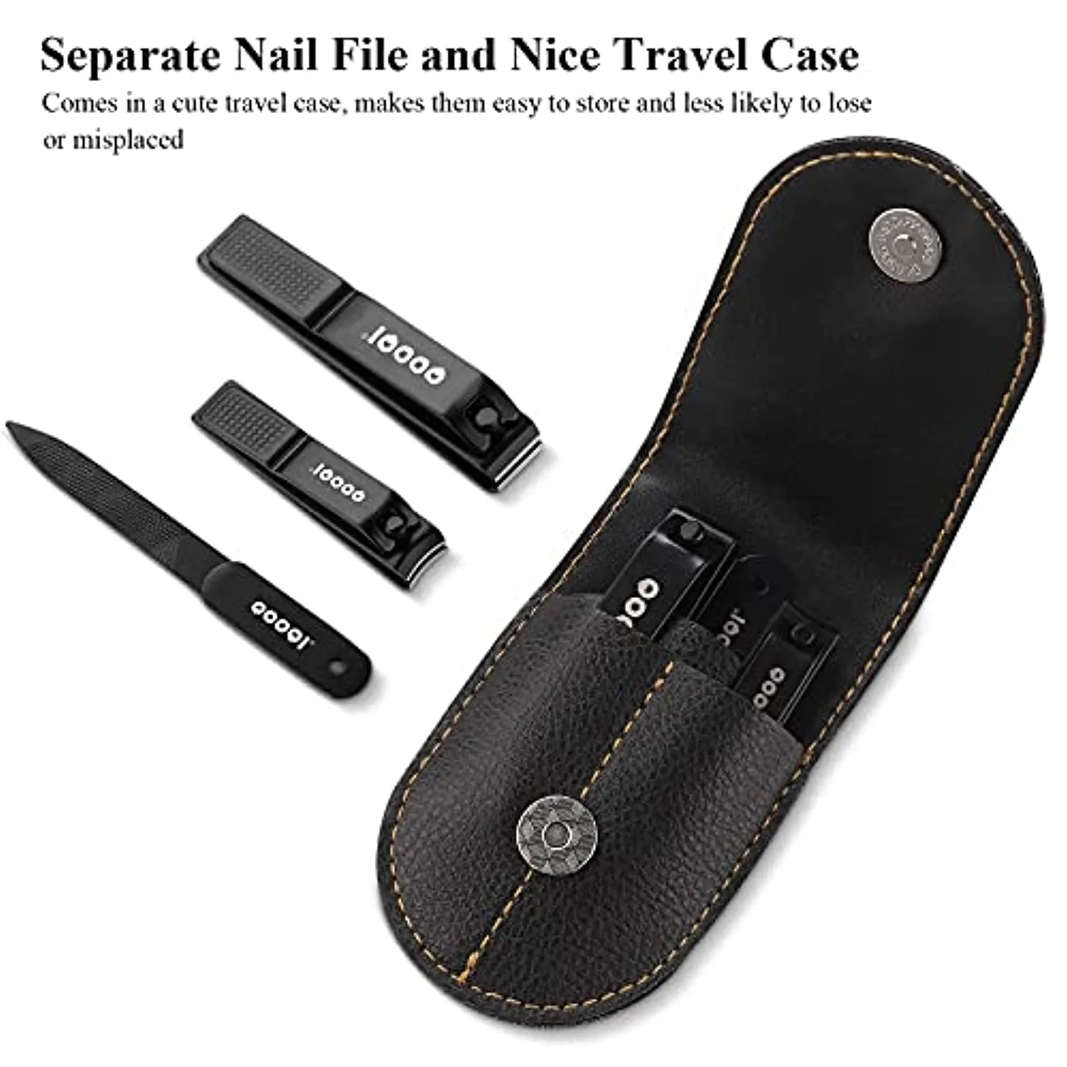 Nail Clippers Set - Ultra Sharp Black Stainless Steel Fingernail & Toenail Cutters with Nail File & Nice Carrying and Storage Leather Case by QOOQI