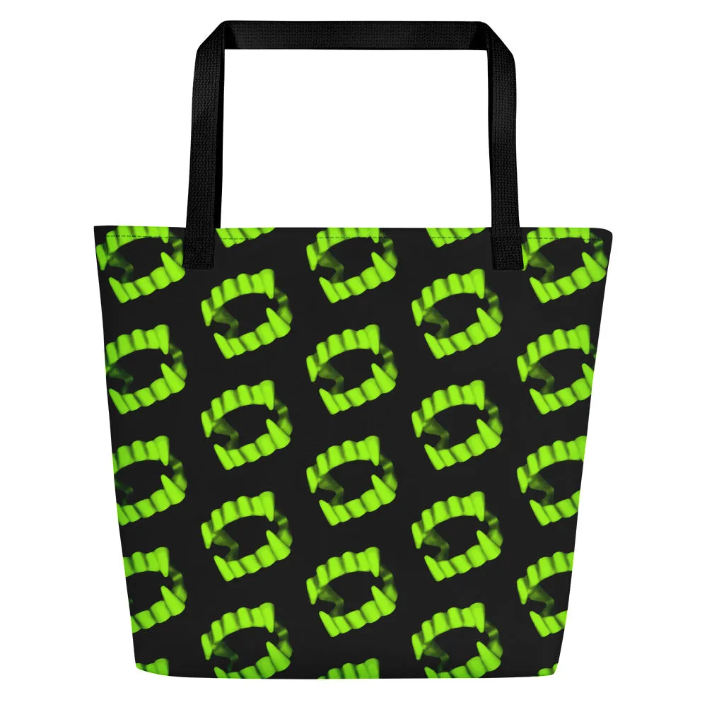 Neon Green Vampire Fang Teeth Beach Bag
