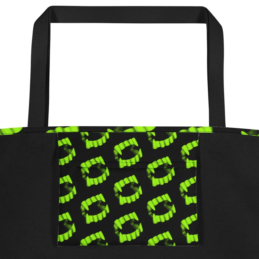 Neon Green Vampire Fang Teeth Beach Bag