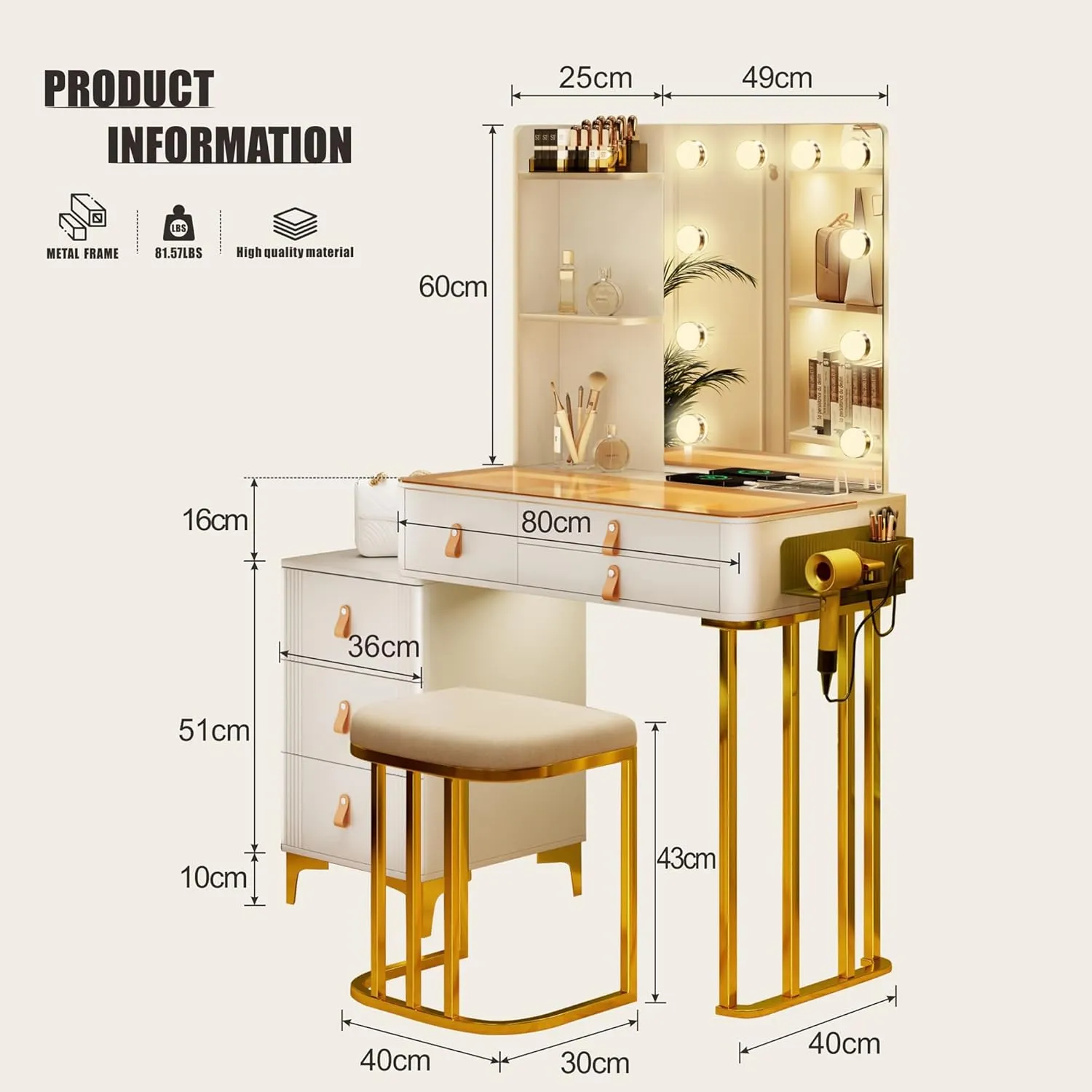 New Assembled Gold & White Glam Vanity/Desk Table with Bench! This has it all!! Charging station, tempered glass top to view jewelry tray below, Drawers, Shelves, Mirror, Lights, Makeup tray & More! Retails $530 