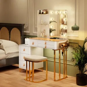 New Assembled Gold & White Glam Vanity/Desk Table with Bench! This has it all!! Charging station, tempered glass top to view jewelry tray below, Drawers, Shelves, Mirror, Lights, Makeup tray & More! Retails $530 