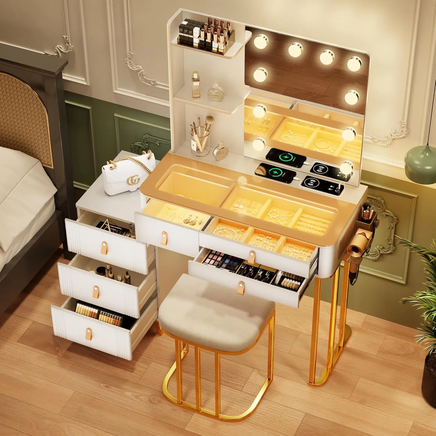 New Assembled Gold & White Glam Vanity/Desk Table with Bench! This has it all!! Charging station, tempered glass top to view jewelry tray below, Drawers, Shelves, Mirror, Lights, Makeup tray & More! Retails $530 