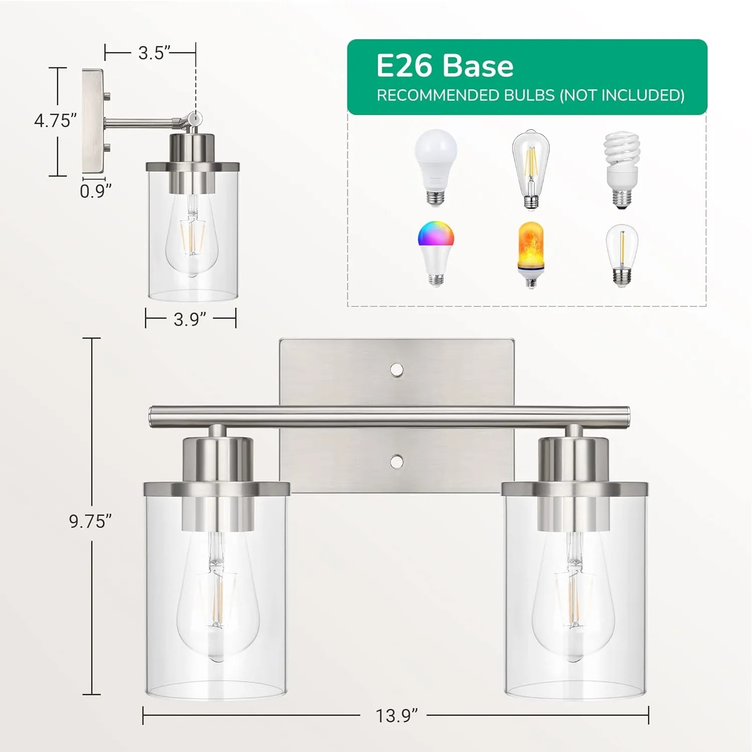 New EDISHINE Bathroom Light Fixtures, 2 Light Bathroom Vanity Light Fixtures Brushed Nickel, Modern Wall Sconces for Bathroom, Vanity Table, Powder Room, Bedroom, Kitchen (E26 Base), ETL Listed