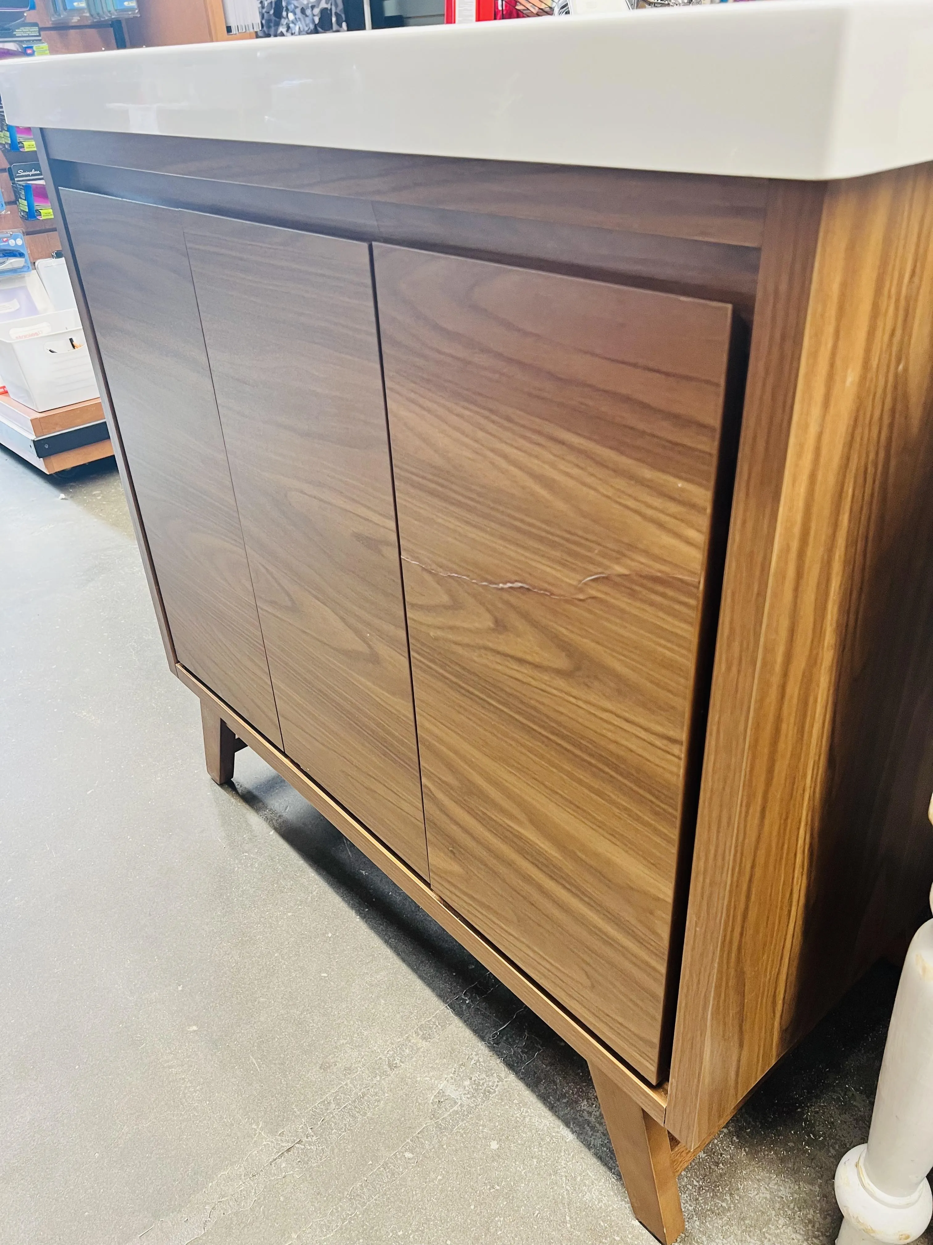 New Glacier Bay Wolston 36.2in. W x 18.4in. D x 34.8in. H Freestanding Bath Vanity in Walnut Finish, includes Vanity top, sink & faucet! Has small hairline crack on 1 door! Retails $650 