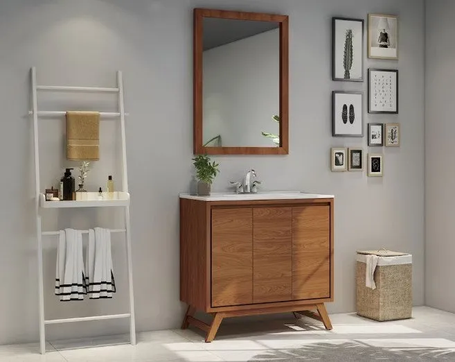 New Glacier Bay Wolston 36.2in. W x 18.4in. D x 34.8in. H Freestanding Bath Vanity in Walnut Finish, includes Vanity top, sink & faucet! Has small hairline crack on 1 door! Retails $650 