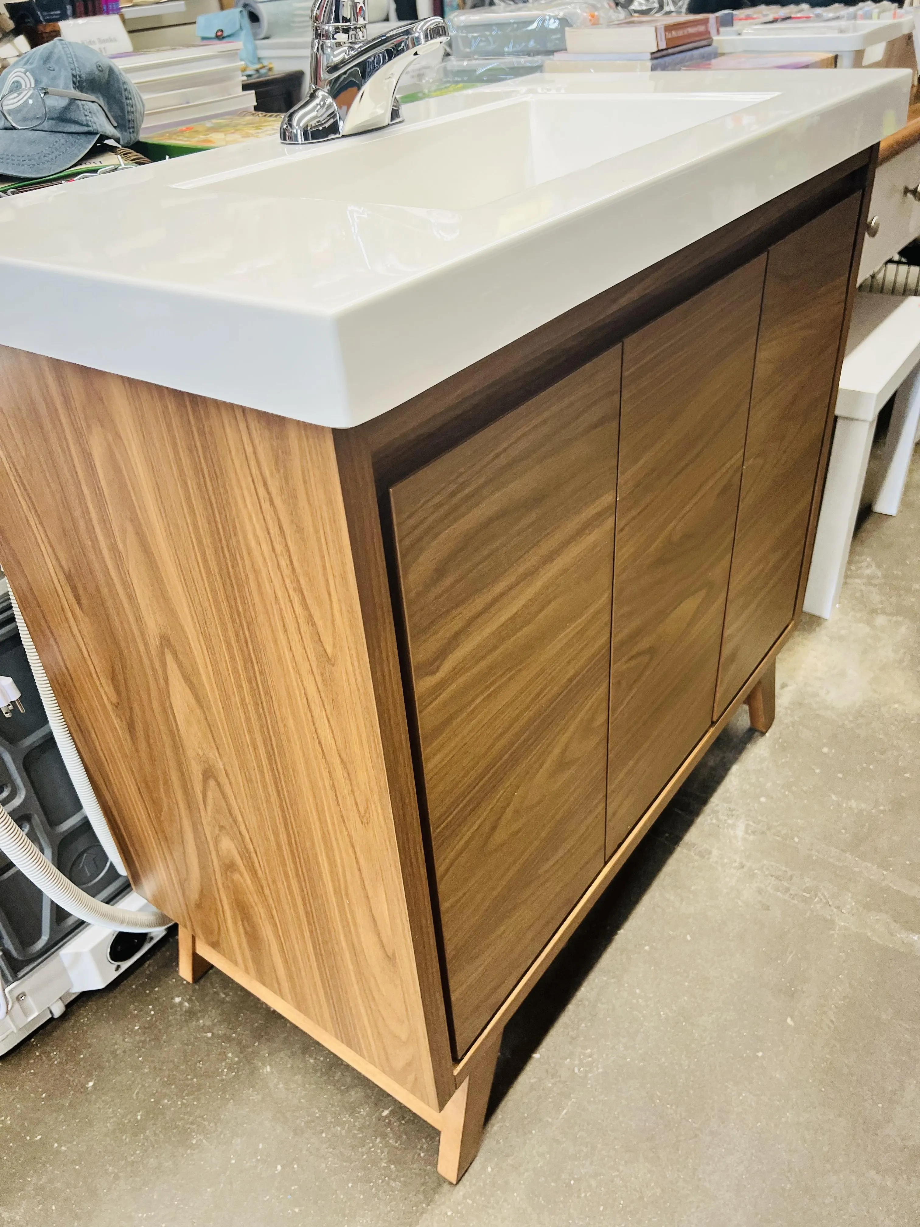 New Glacier Bay Wolston 36.2in. W x 18.4in. D x 34.8in. H Freestanding Bath Vanity in Walnut Finish, includes Vanity top, sink & faucet! Has small hairline crack on 1 door! Retails $650 