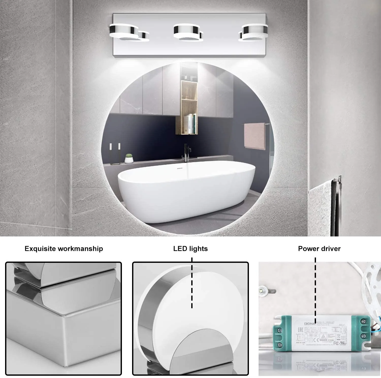 New in box! OOWOLF LED Vanity Light, 17.12 inches 3-Light Stainless Steel LED Bath Vanity Light with Frosted Acrylic Shade, 6000K Daylight